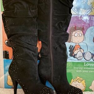 Two Lips Black Heeled Boots with Stud Accents